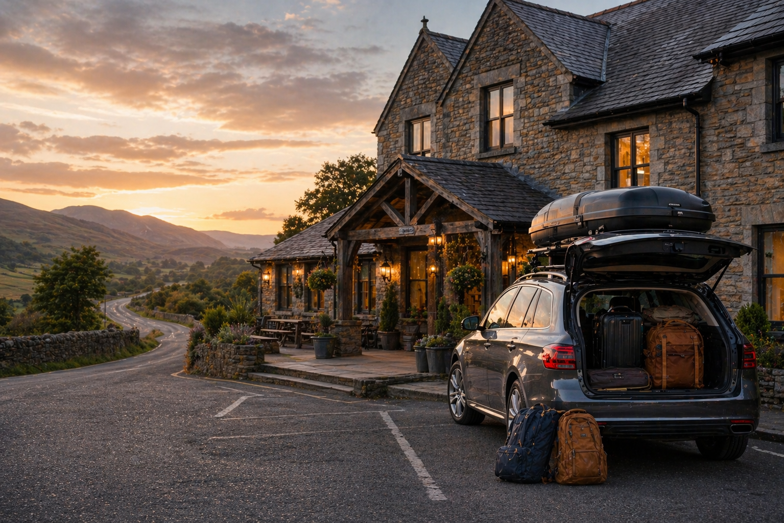 Roadside inn and touring car suited to a British route that moves every night