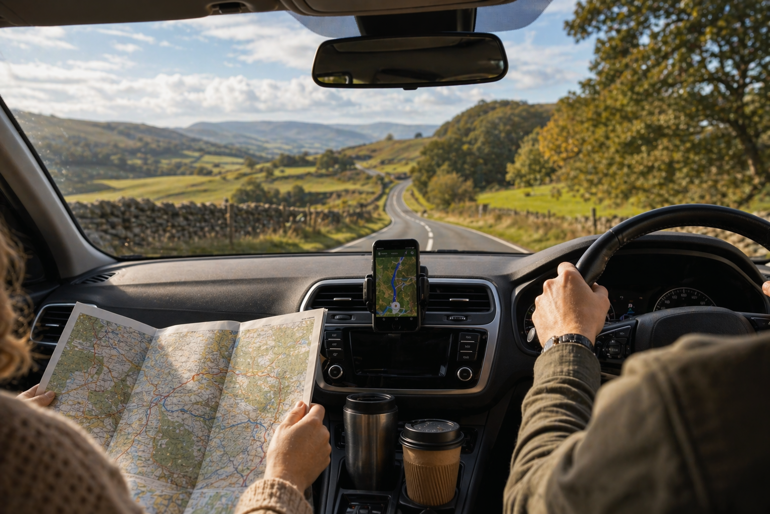 Clean first-UK-road-trip setup with navigation, map, and coffee stop before open countryside