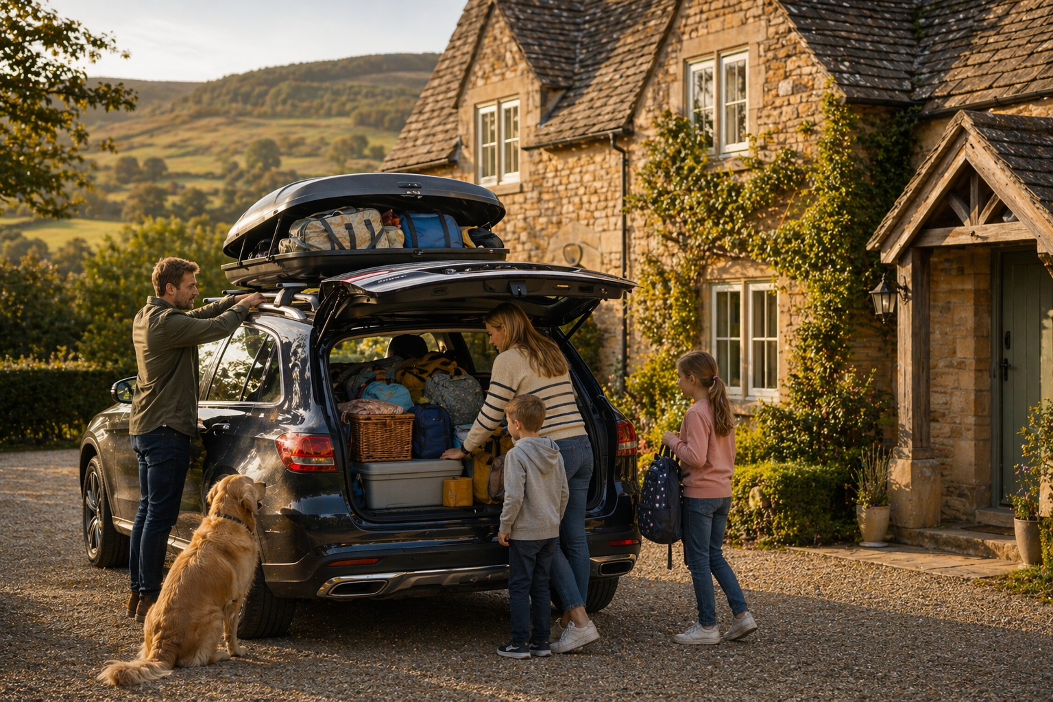 Packed estate car and roof-box setup for a family-heavy British weekend drive