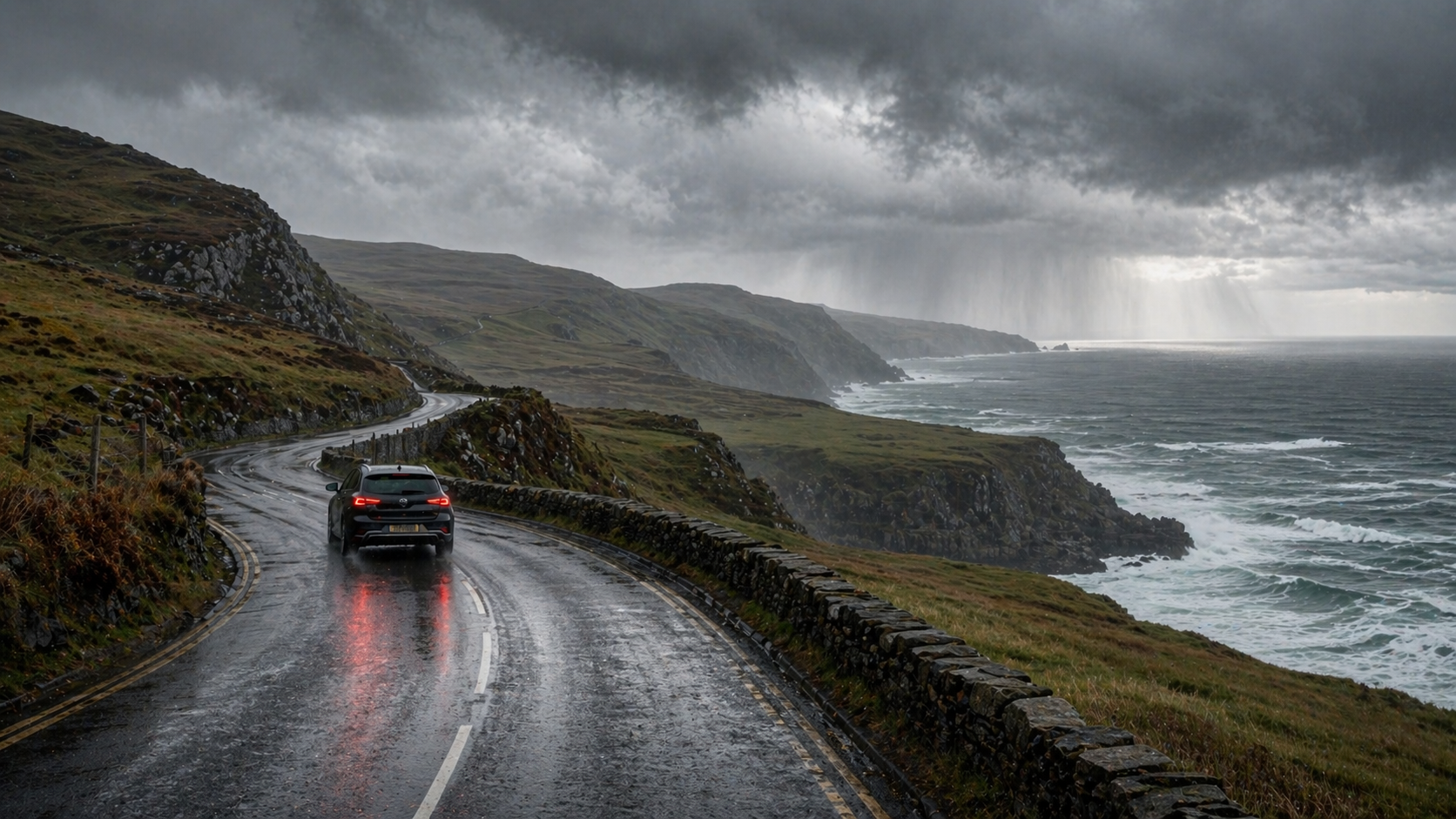 Rainy British coastal road above sea cliffs for a wet-weather scenic drive