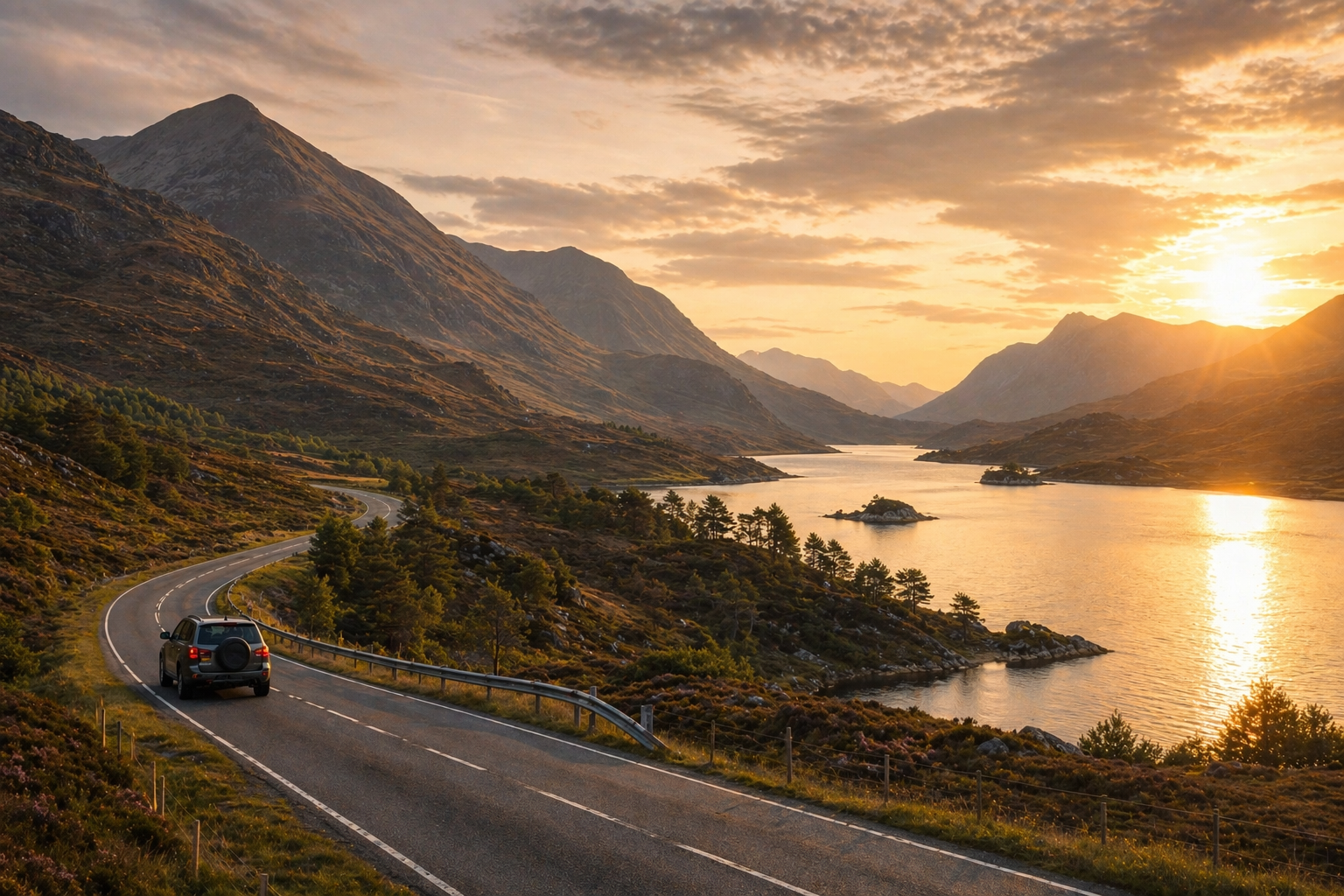 Winding Scottish Highlands road beside a loch in golden-hour light