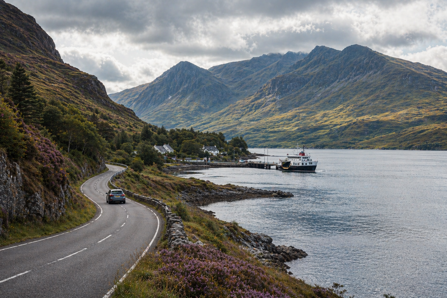 Scottish road-trip route with ferry or bridge context suited to selective route-shaping extras