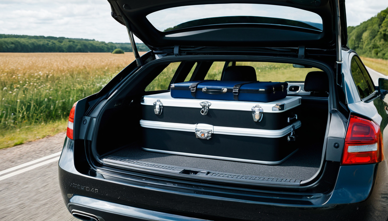 Neatly packed road-trip luggage in a car boot beside open countryside