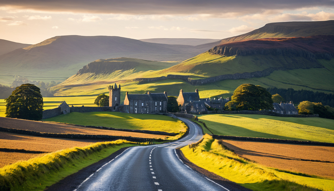 Scottish Borders countryside with winding road, village buildings, and rolling hills