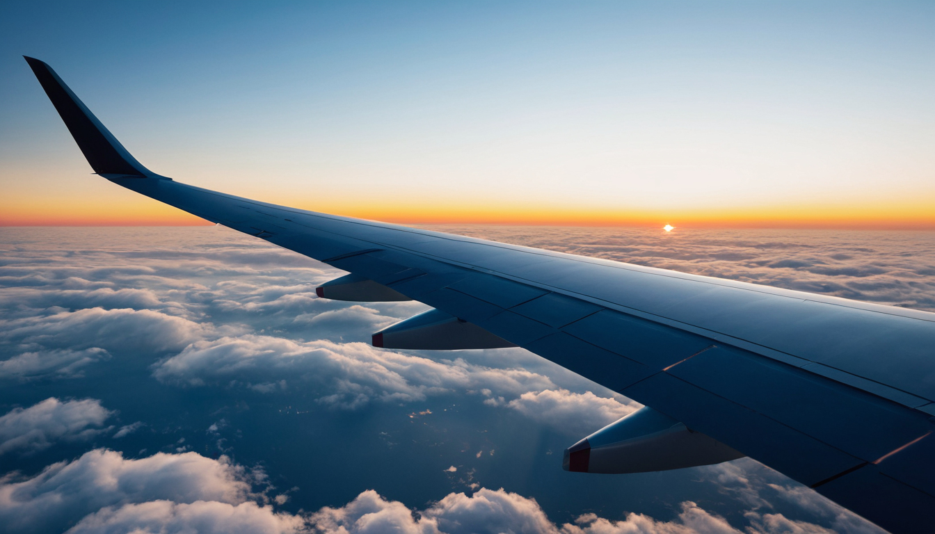 Flight planning background with aircraft wing above clouds and open horizon