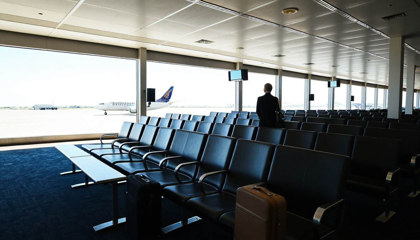 Flight disruption background with airport terminal and support-focused travel atmosphere