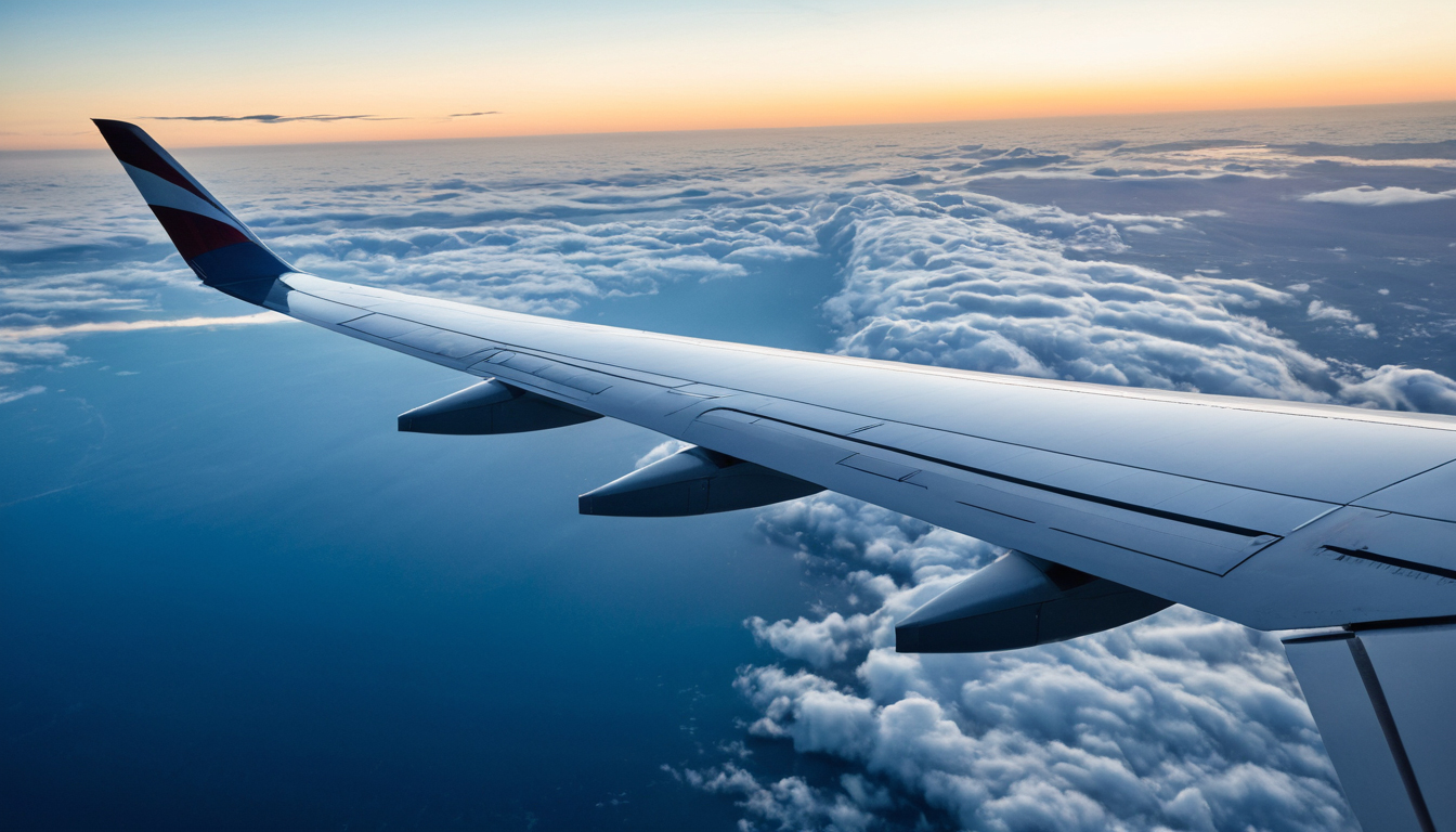 Premium flight-planning background with aircraft wing and open horizon