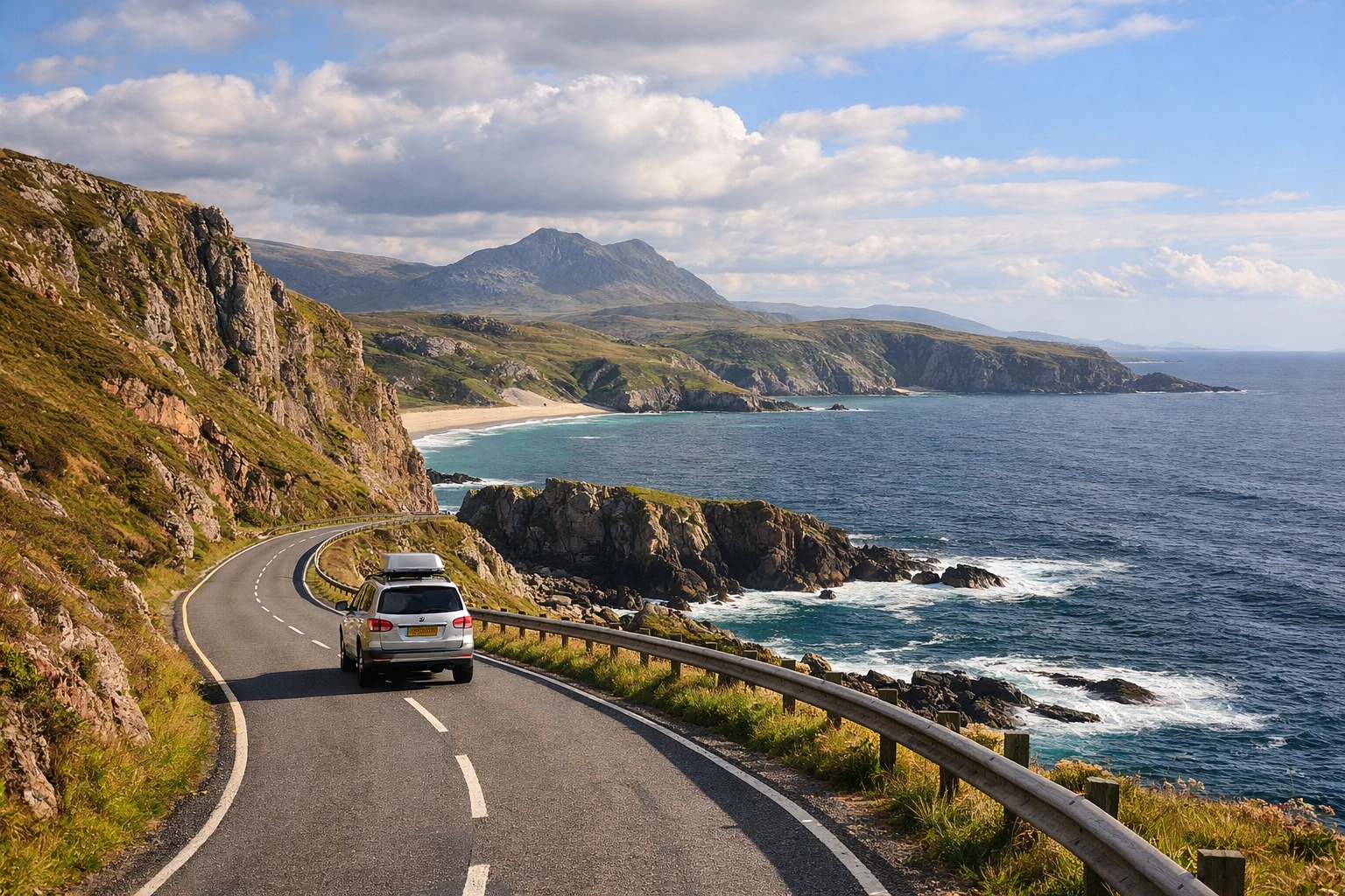 Car driving along a dramatic British coastal road above the sea