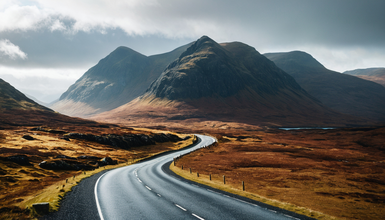 Winding Highlands road through dramatic Scottish mountains and open moorland