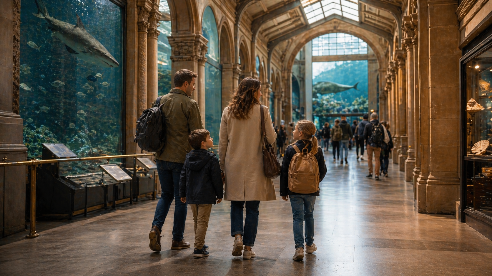 Family walking through a large aquarium-style gallery