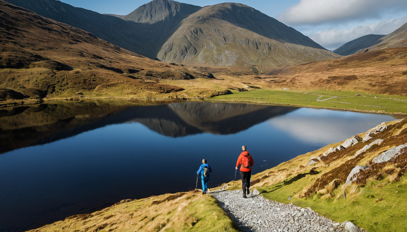 Family walking path beside a mountain lake in Snowdonia, Wales