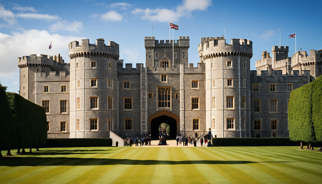 Windsor Castle in England with formal lawns and soft daylight